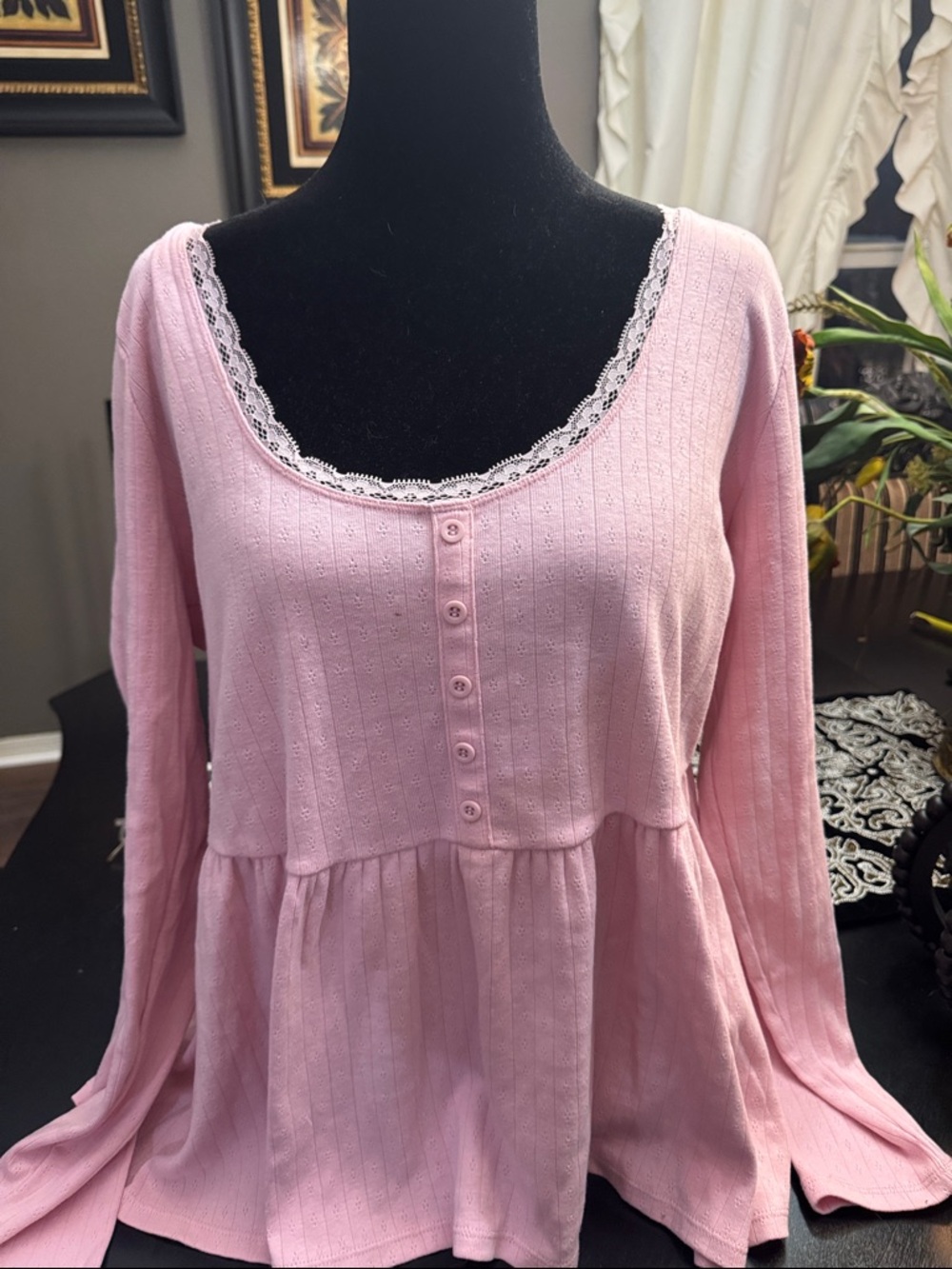 TORRID  Pink Lace-Trim Henley Babydoll Top NEW !